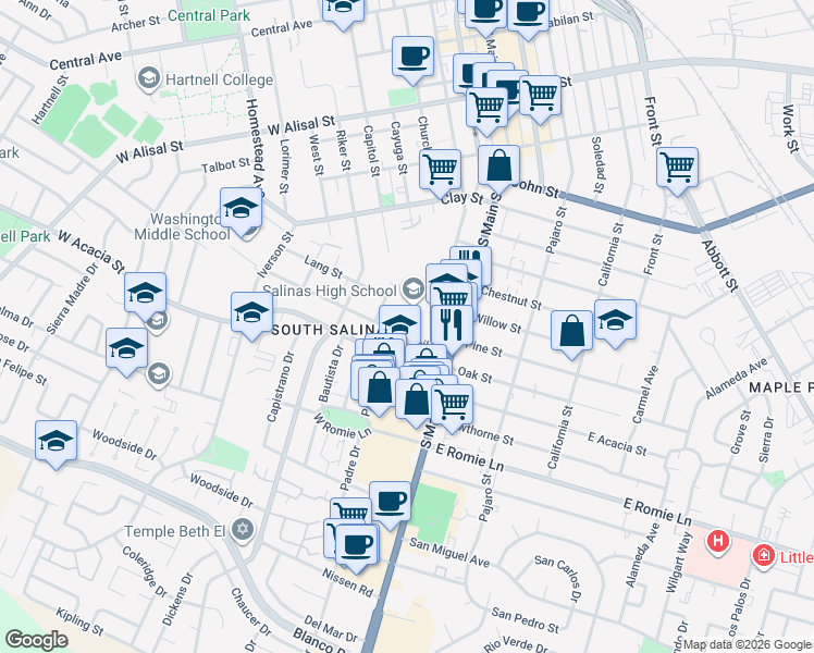 map of restaurants, bars, coffee shops, grocery stores, and more near 55 Geil Street in Salinas