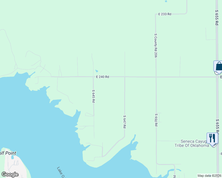 map of restaurants, bars, coffee shops, grocery stores, and more near 64637 East 240 Road in Grove