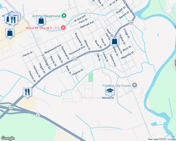 map of restaurants, bars, coffee shops, grocery stores, and more near 1217 Virginia Street in Franklin