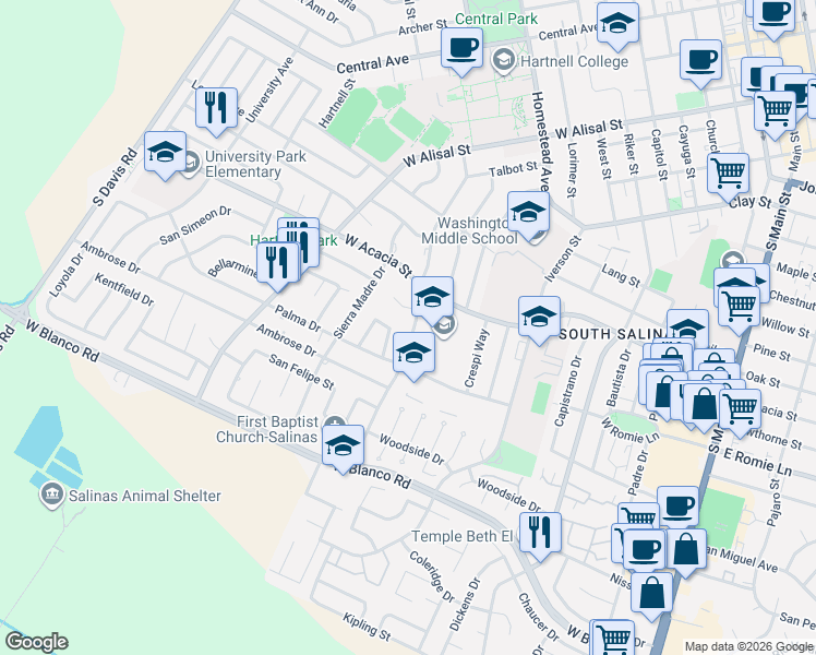 map of restaurants, bars, coffee shops, grocery stores, and more near 939 San Vincente Avenue in Salinas