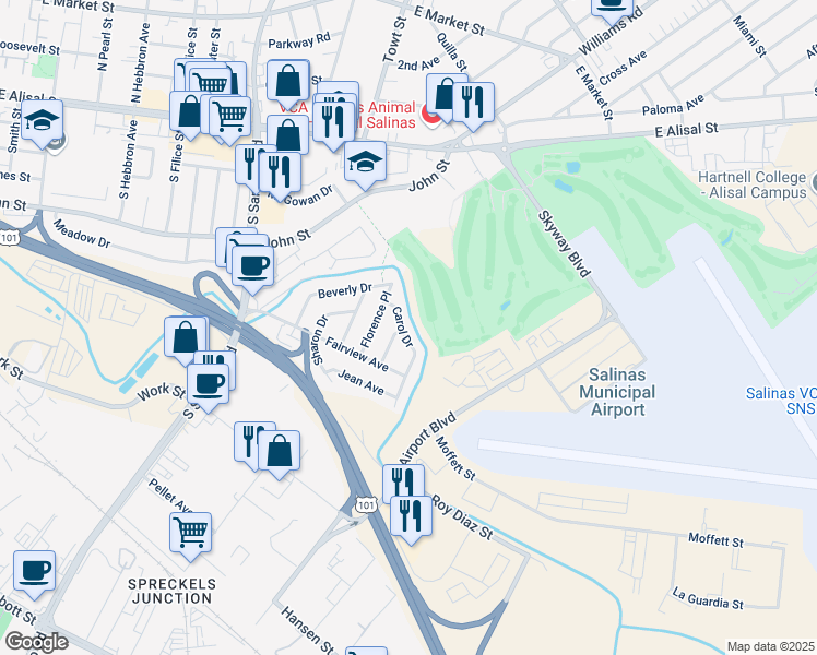 map of restaurants, bars, coffee shops, grocery stores, and more near 478 Carol Drive in Salinas