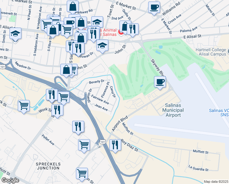 map of restaurants, bars, coffee shops, grocery stores, and more near 478 Carol Drive in Salinas