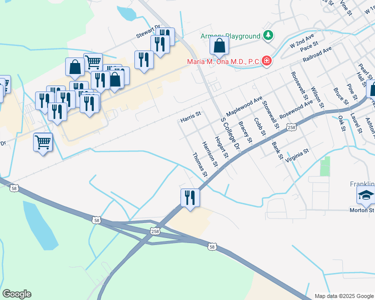 map of restaurants, bars, coffee shops, grocery stores, and more near 318 Thomas Street in Franklin