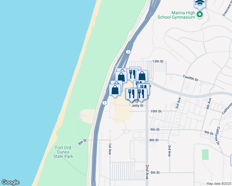 map of restaurants, bars, coffee shops, grocery stores, and more near 111 General Stillwell Drive in Marina