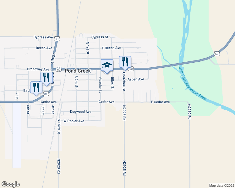 map of restaurants, bars, coffee shops, grocery stores, and more near 200-220 Cedar Ave in Pond Creek