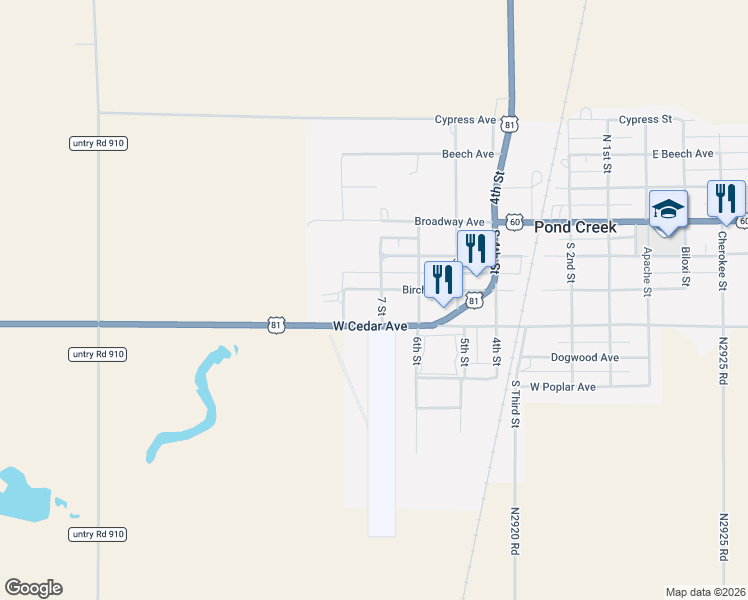 map of restaurants, bars, coffee shops, grocery stores, and more near 724 Cedar Avenue in Pond Creek