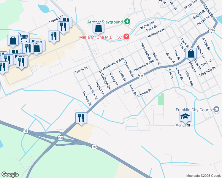 map of restaurants, bars, coffee shops, grocery stores, and more near 1712 South Street in Franklin