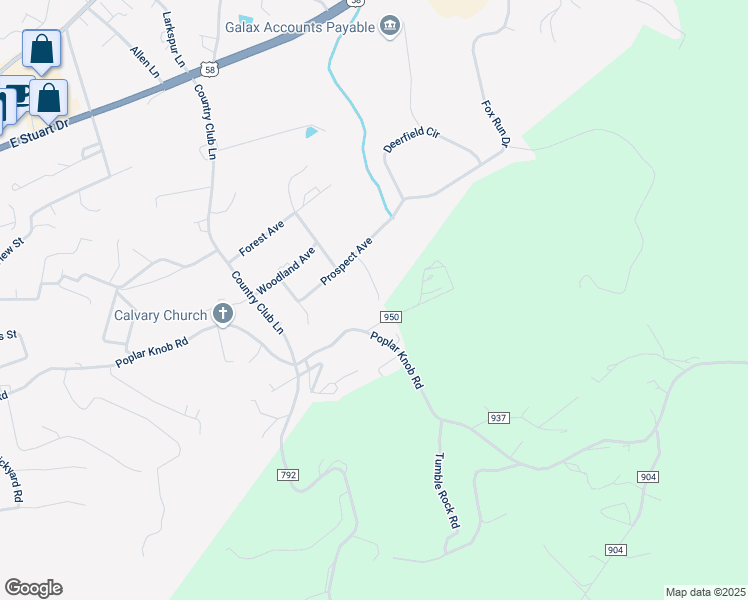 map of restaurants, bars, coffee shops, grocery stores, and more near Walnut Avenue in Galax