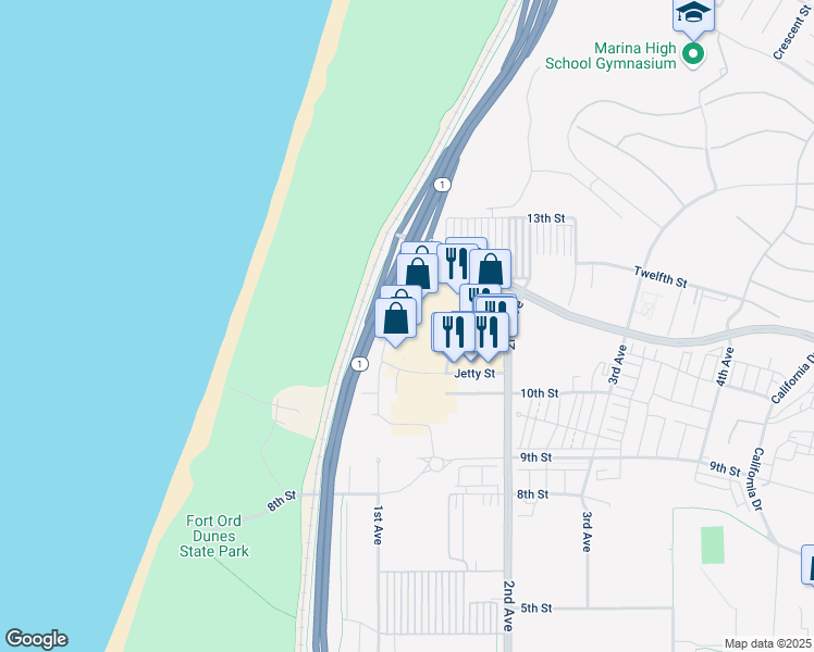 map of restaurants, bars, coffee shops, grocery stores, and more near 111 General Stillwell Drive in Marina