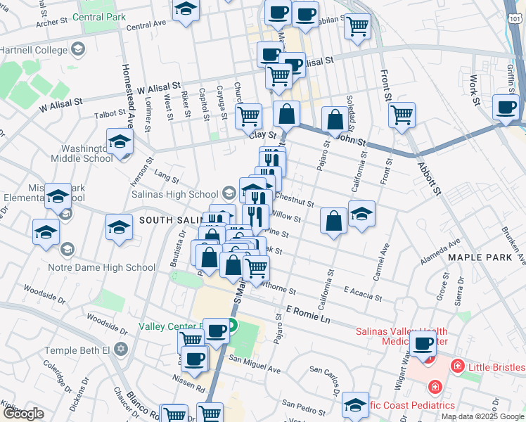 map of restaurants, bars, coffee shops, grocery stores, and more near 726 South Main Street in Salinas