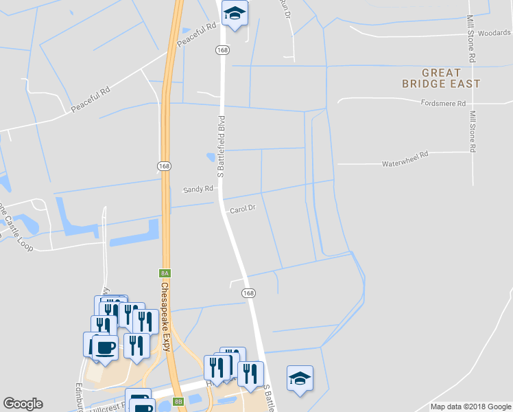 map of restaurants, bars, coffee shops, grocery stores, and more near Carol Drive in Chesapeake
