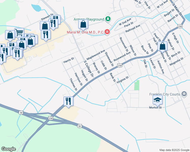map of restaurants, bars, coffee shops, grocery stores, and more near 1712 South Street in Franklin