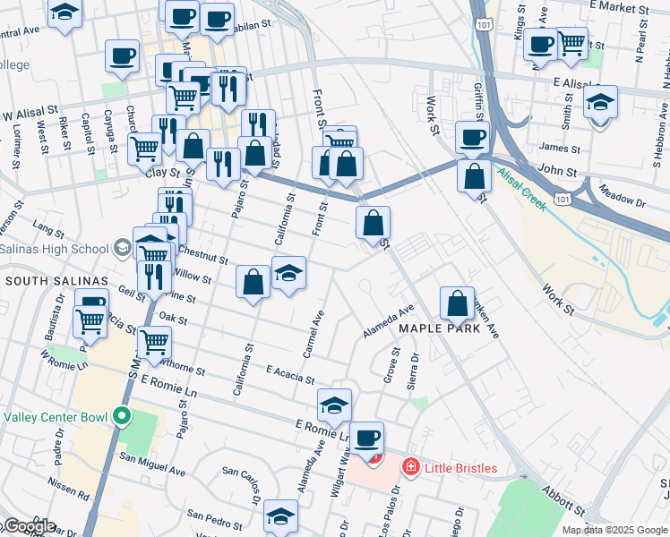 map of restaurants, bars, coffee shops, grocery stores, and more near Maple St & Carmel Ave in Salinas