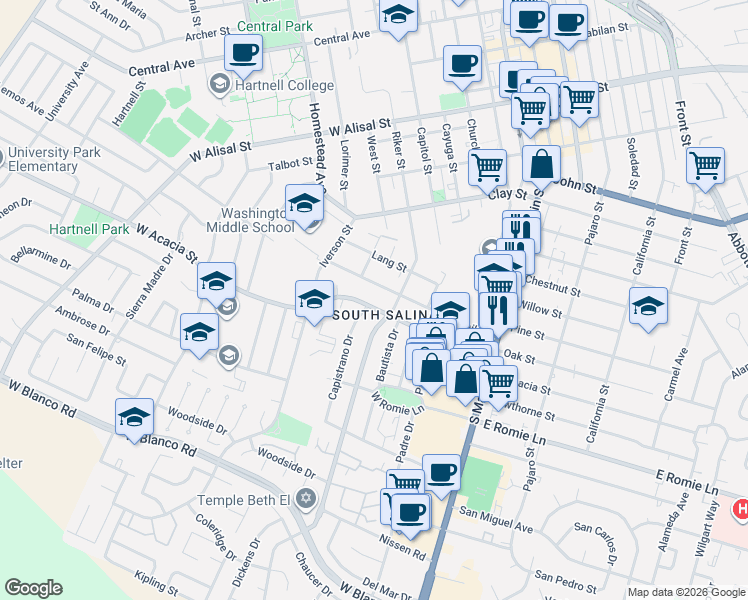 map of restaurants, bars, coffee shops, grocery stores, and more near 236 Geil Street in Salinas