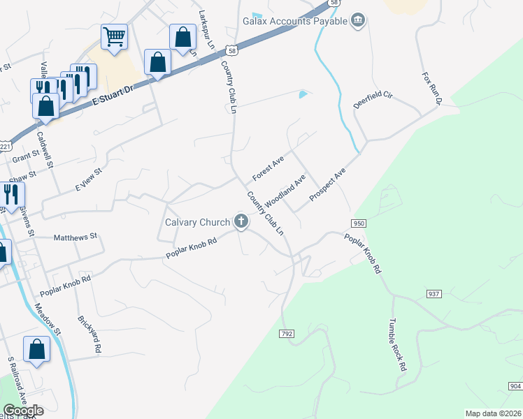 map of restaurants, bars, coffee shops, grocery stores, and more near 412 Country Club Lane in Galax