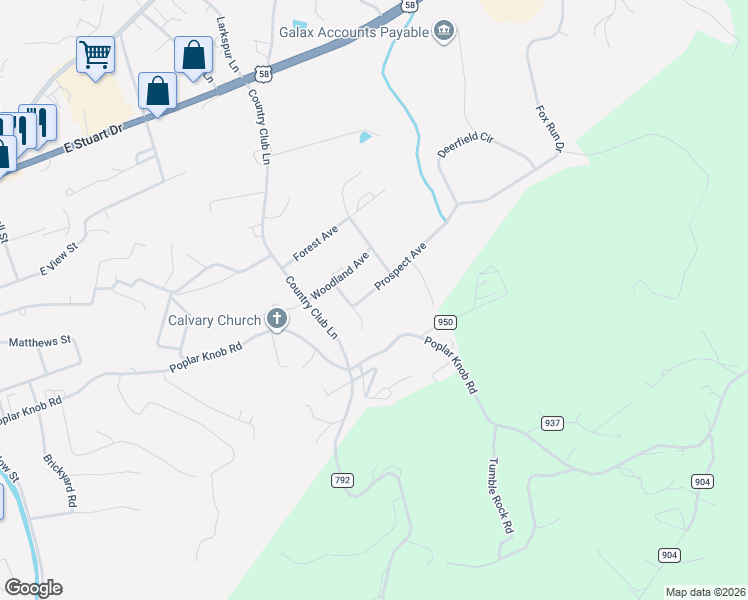 map of restaurants, bars, coffee shops, grocery stores, and more near 100-198 Prospect Avenue in Galax