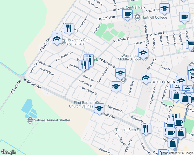 map of restaurants, bars, coffee shops, grocery stores, and more near 628 Carmelita Drive in Salinas