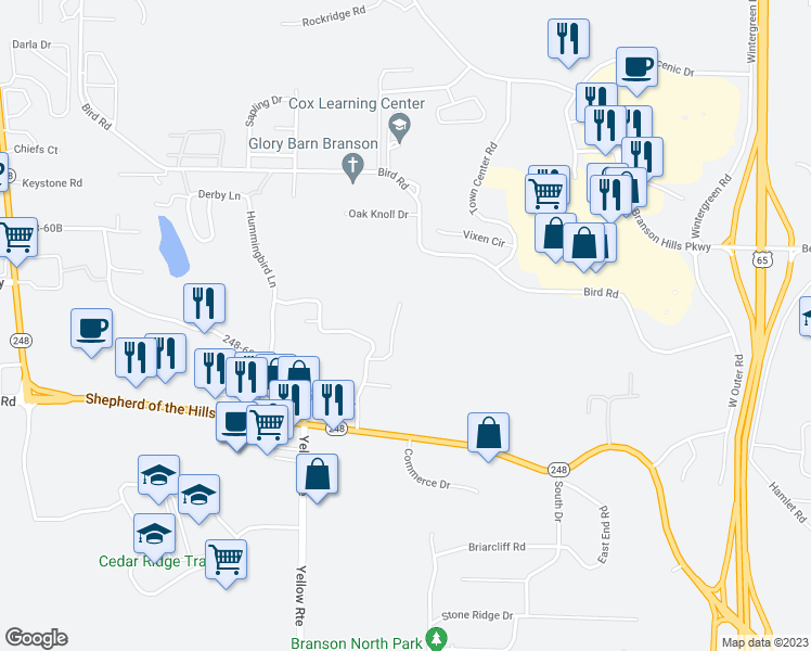 map of restaurants, bars, coffee shops, grocery stores, and more near 120 Brookside Court in Branson