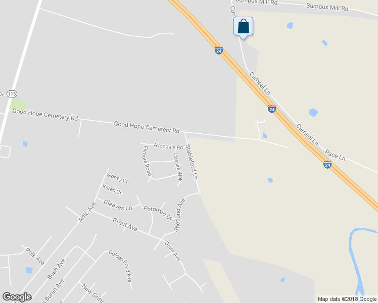 map of restaurants, bars, coffee shops, grocery stores, and more near Stableford Lane in Oak Grove