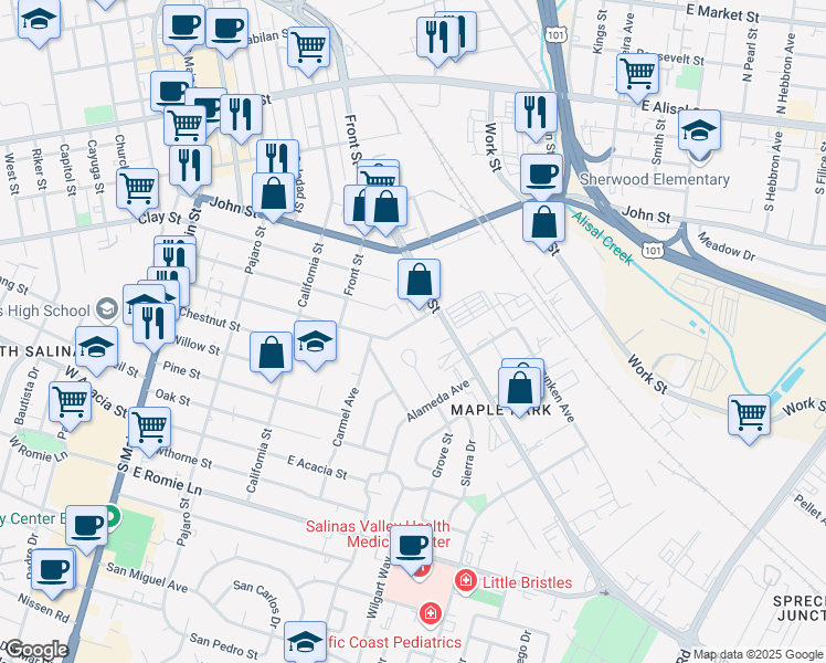 map of restaurants, bars, coffee shops, grocery stores, and more near 270 Harvest Street in Salinas