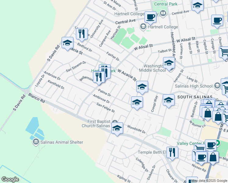 map of restaurants, bars, coffee shops, grocery stores, and more near 646 Carmelita Drive in Salinas