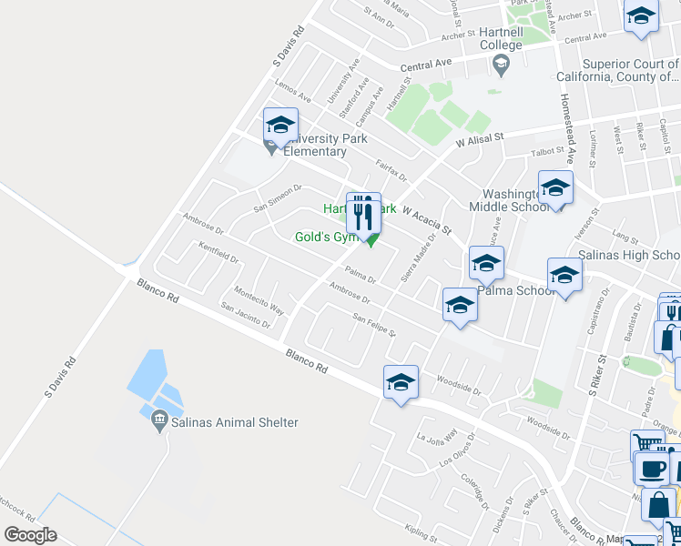 map of restaurants, bars, coffee shops, grocery stores, and more near 976 West Alisal Street in Salinas