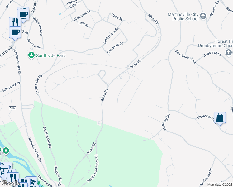 map of restaurants, bars, coffee shops, grocery stores, and more near 1118 Drewry Road in Martinsville