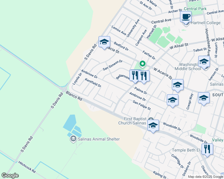 map of restaurants, bars, coffee shops, grocery stores, and more near 1127 Montecito Circle in Salinas