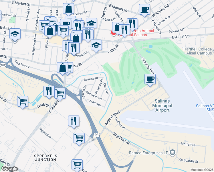 map of restaurants, bars, coffee shops, grocery stores, and more near 453 Carol Drive in Salinas