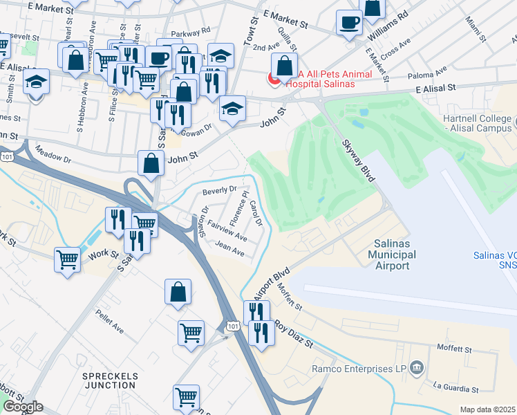map of restaurants, bars, coffee shops, grocery stores, and more near 453 Carol Drive in Salinas