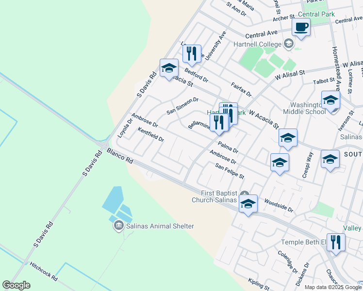 map of restaurants, bars, coffee shops, grocery stores, and more near 1127 Montecito Circle in Salinas