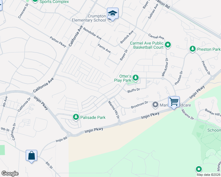 map of restaurants, bars, coffee shops, grocery stores, and more near 3007 Bluffs Drive in Marina
