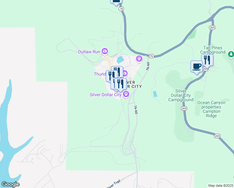 map of restaurants, bars, coffee shops, grocery stores, and more near 399 Silver Dollar City Parkway in Branson