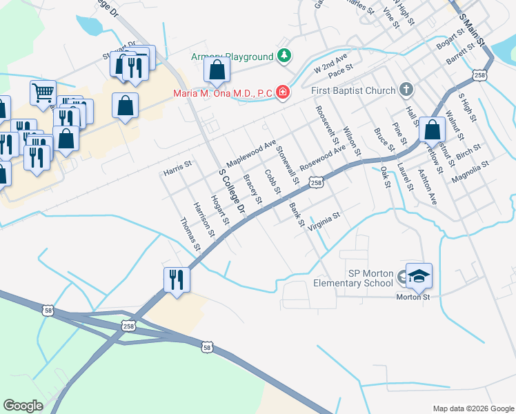 map of restaurants, bars, coffee shops, grocery stores, and more near 1608 South Street in Franklin