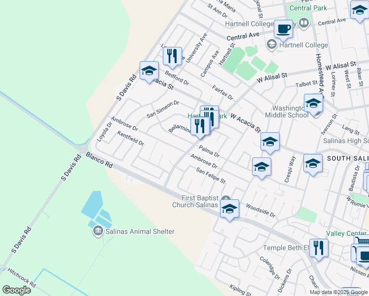 map of restaurants, bars, coffee shops, grocery stores, and more near 729 Palma Drive in Salinas