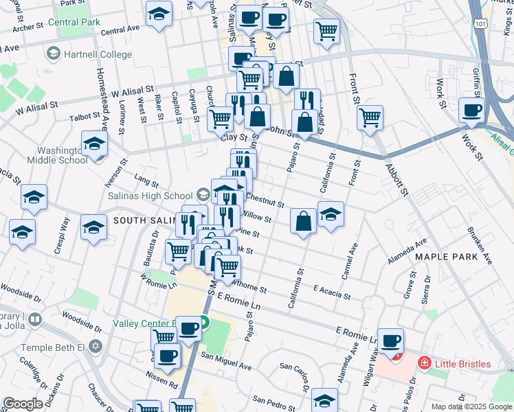 map of restaurants, bars, coffee shops, grocery stores, and more near in Salinas