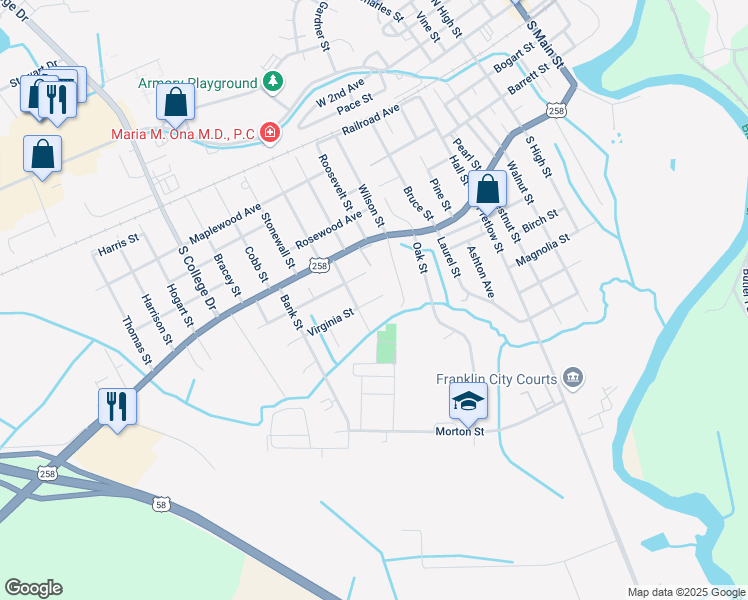 map of restaurants, bars, coffee shops, grocery stores, and more near 1217 Virginia Street in Franklin