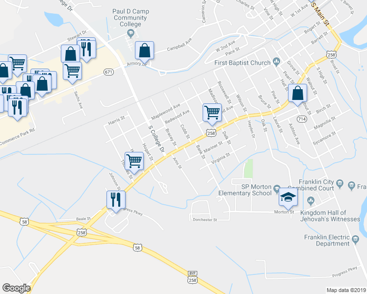 map of restaurants, bars, coffee shops, grocery stores, and more near 1701 South Street in Franklin