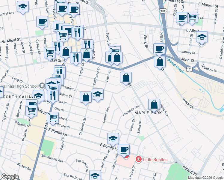 map of restaurants, bars, coffee shops, grocery stores, and more near 248 Harvest Street in Salinas