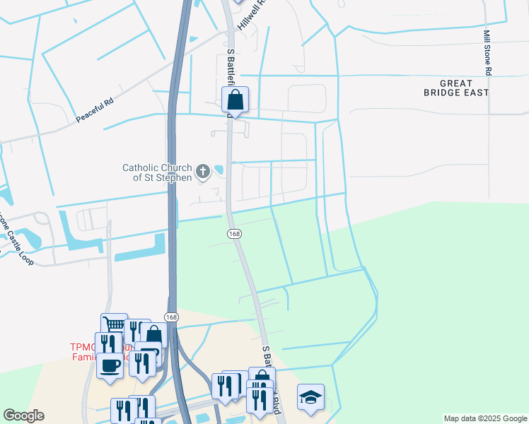 map of restaurants, bars, coffee shops, grocery stores, and more near Carol Drive in Chesapeake