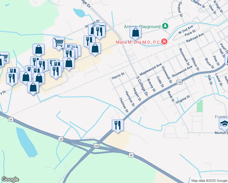 map of restaurants, bars, coffee shops, grocery stores, and more near 304 Thomas Street in Franklin