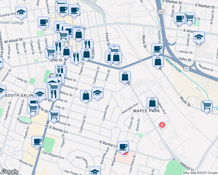 map of restaurants, bars, coffee shops, grocery stores, and more near 248 Harvest Street in Salinas