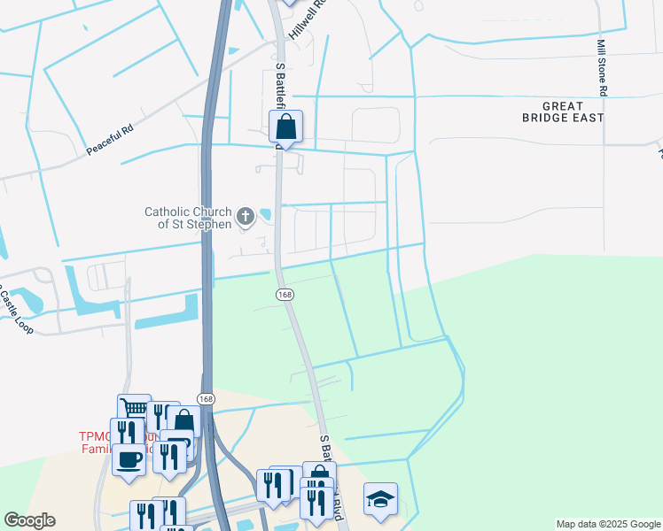 map of restaurants, bars, coffee shops, grocery stores, and more near Carol Drive in Chesapeake