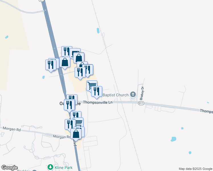 map of restaurants, bars, coffee shops, grocery stores, and more near Angela Lane in Oak Grove