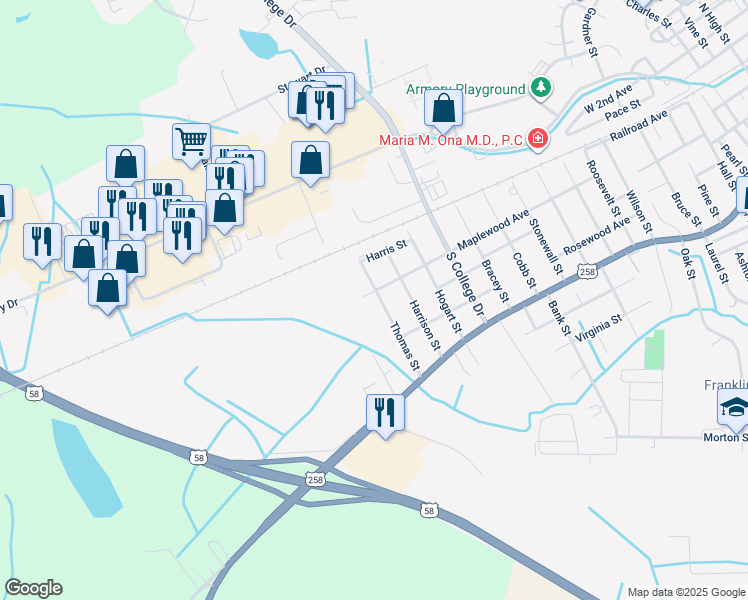 map of restaurants, bars, coffee shops, grocery stores, and more near 304 Thomas Street in Franklin
