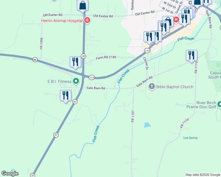 map of restaurants, bars, coffee shops, grocery stores, and more near 210 Farm Road 2182 in Cassville