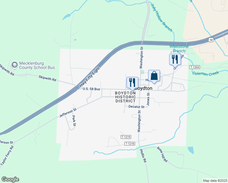 map of restaurants, bars, coffee shops, grocery stores, and more near 288 U.S. 58 Bus in Boydton