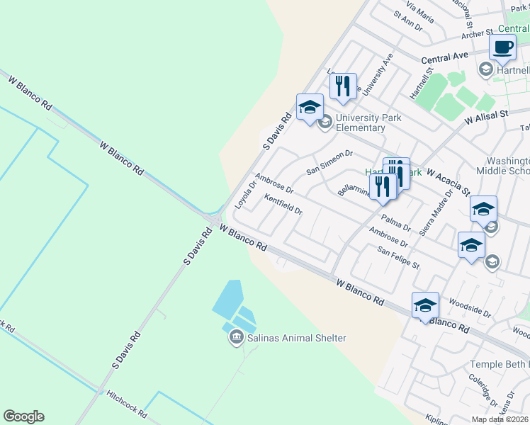 map of restaurants, bars, coffee shops, grocery stores, and more near 1105 Palo Alto Way in Salinas