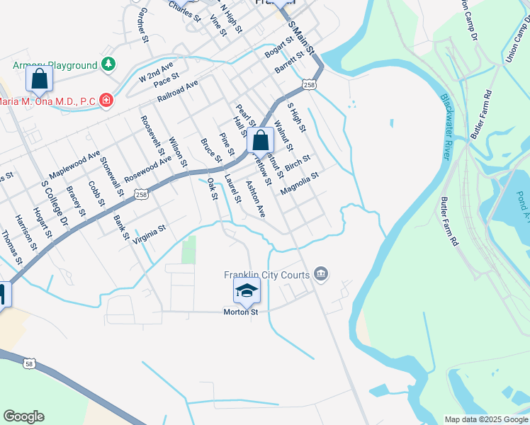 map of restaurants, bars, coffee shops, grocery stores, and more near 582 Ashton Avenue in Franklin