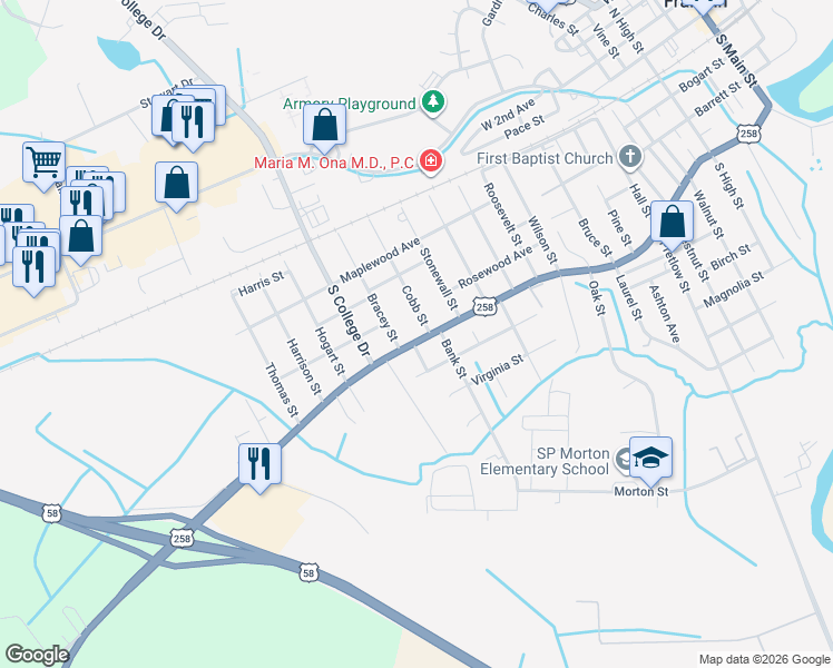 map of restaurants, bars, coffee shops, grocery stores, and more near 1608 South Street in Franklin